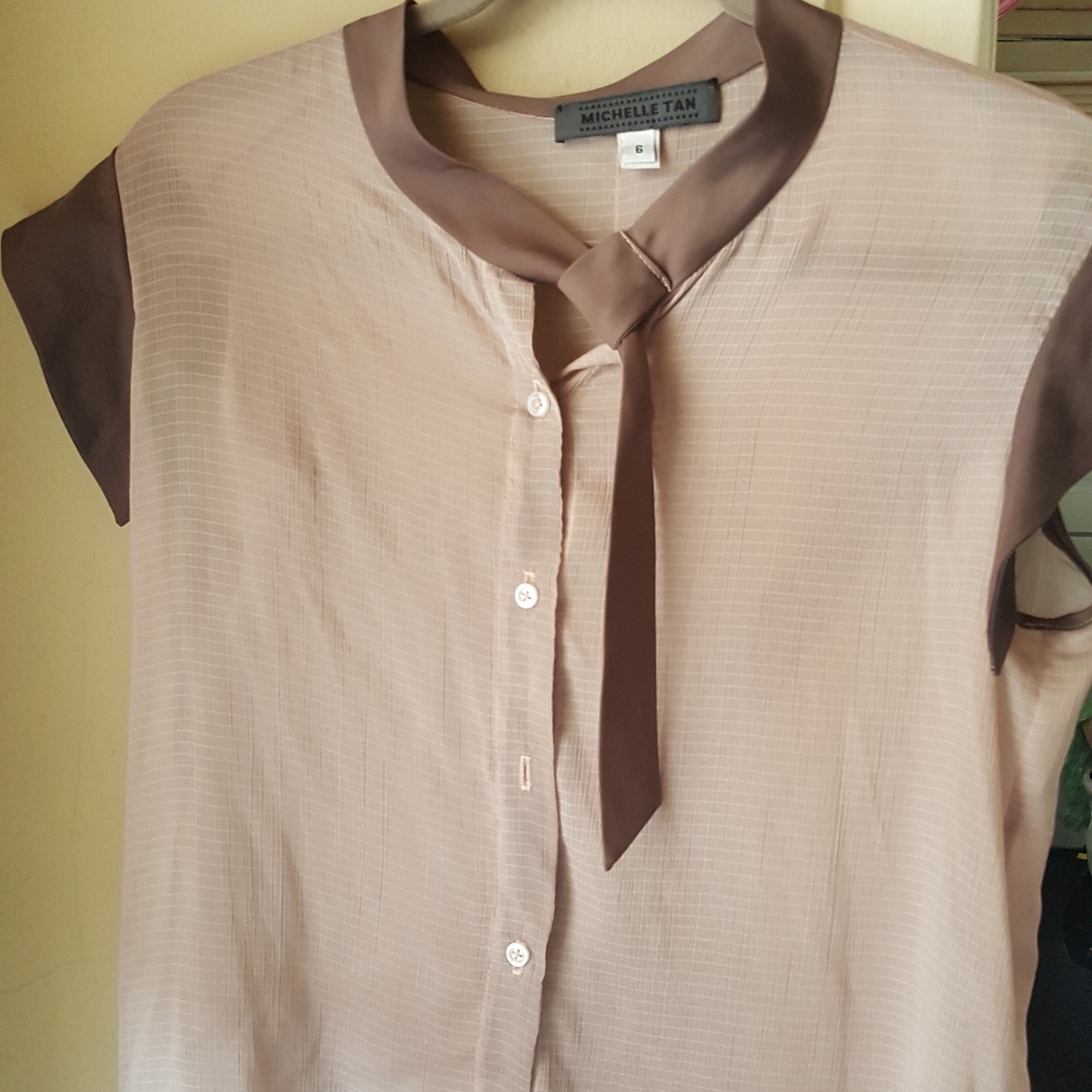 Tan / Brown sheer button down w cute tie.